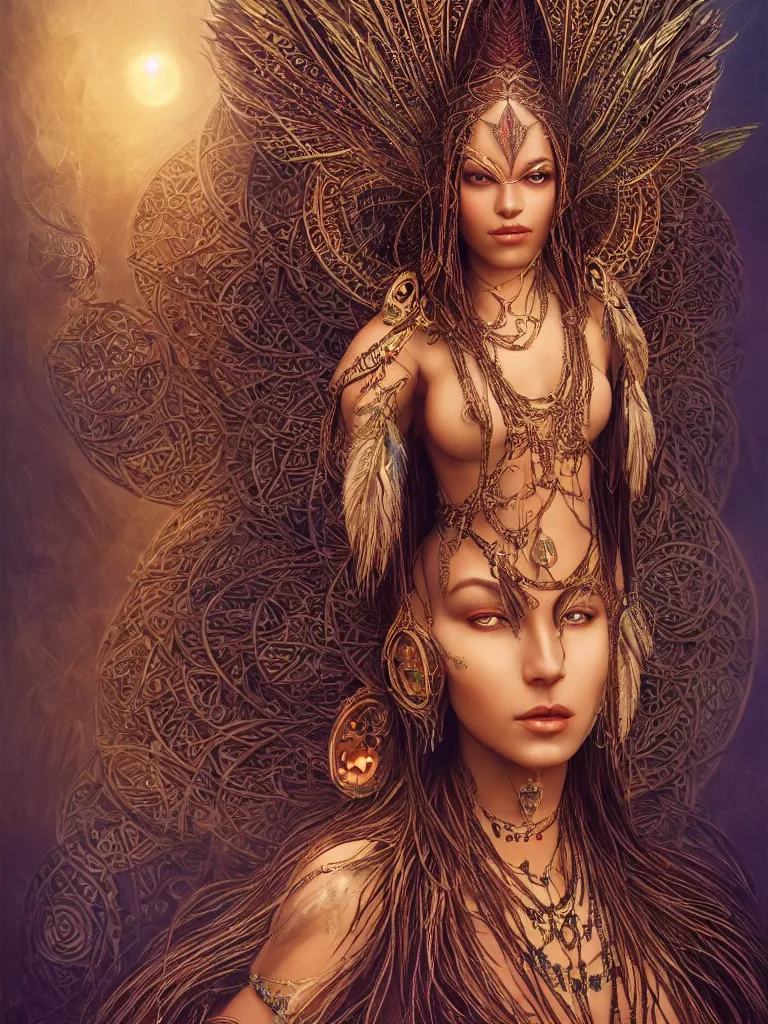 Image similar to a centered render of a single alluring mystical tribal goddess adorned with feathers and gemstones and cables and synthesizer parts is surrounded by sacred geometry made from elven architecture, full body, gorgeous, perfect face, powerful, cinematic, beautifully lit, by artgerm, by karol bak, 3 d, trending on artstation, octane render, 8 k