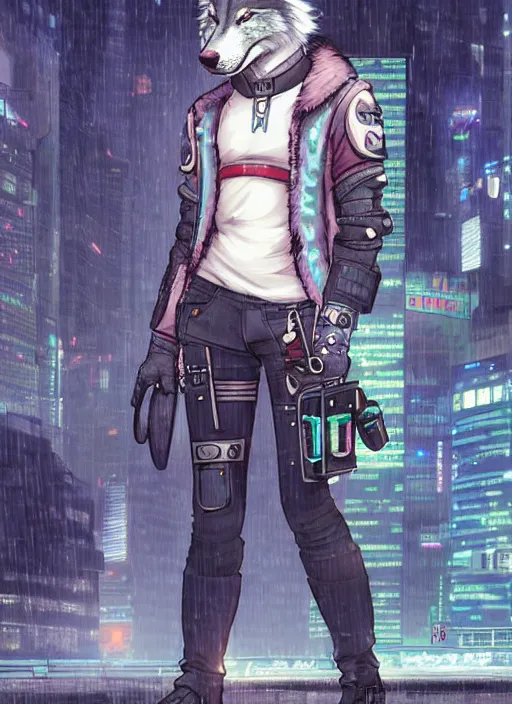 Image similar to character portrait of a male anthro wolf fursona with a tail and a cute beautiful attractive detailed furry face wearing stylish cyberpunk clothes in a cyberpunk city at night while it rains. hidari, color page, tankoban, 4K, tone mapping, Akihiko Yoshida.