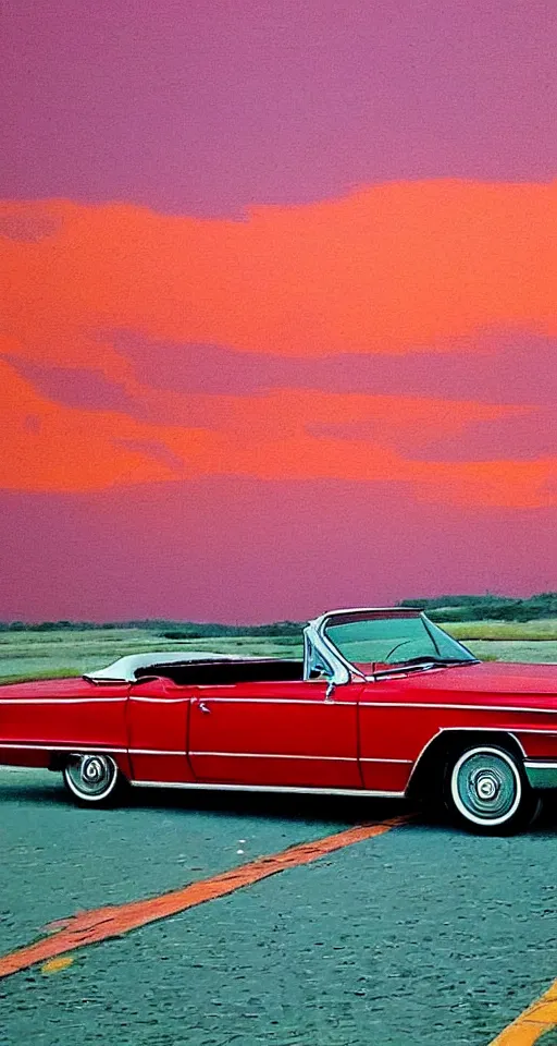 Image similar to far away photo of a 1 9 6 3 red cadillac convertible driving down an empty highway into a pink sunset, aesthetic, minimalist, realistic, surreal, by vincent van gogh