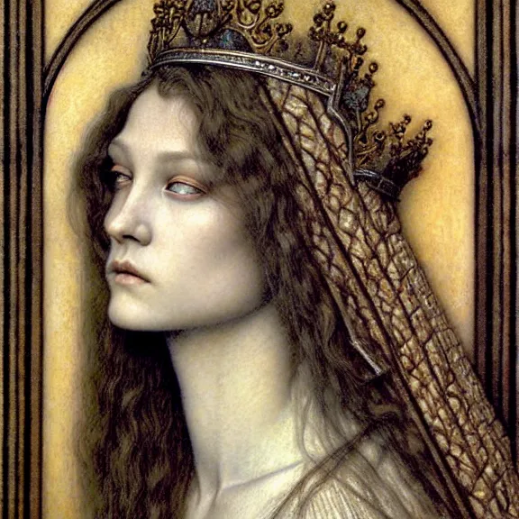 Image similar to detailed realistic beautiful young medieval queen face portrait by jean delville, gustave dore and marco mazzoni, art nouveau, symbolist, visionary, gothic, pre - raphaelite. horizontal symmetry