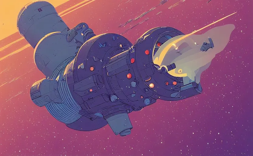 Image similar to rocket engine floating in space, moebius, stylized, james gilleard, print, game art