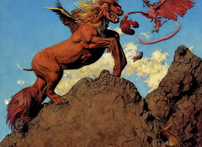 Image similar to portrait of a mythical griffin standing on a rock, by norman rockwell and jesper ejsing and jason fabok and tom lovell and frank schoonover