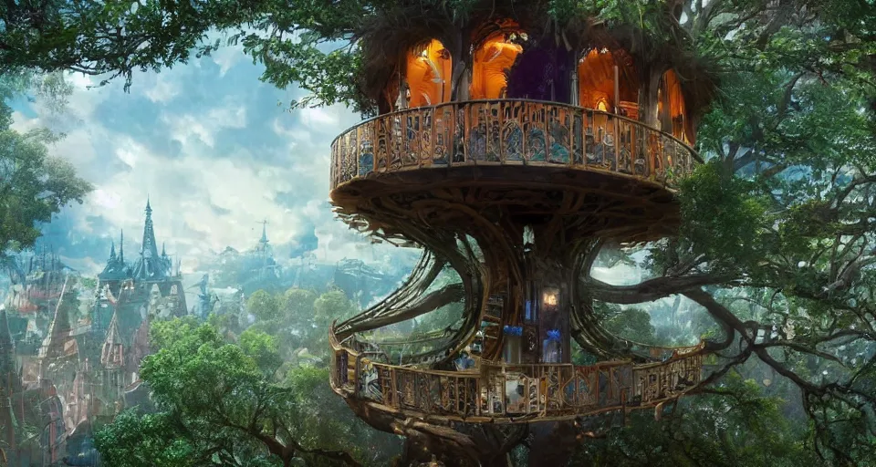 Image similar to An incredibly beautiful shot from a 2022 fantasy film featuring a character sitting in a cozy art nouveau reading nook inside a fantasy treehouse city with suspended walkways and distant treehouses. 8K UHD.