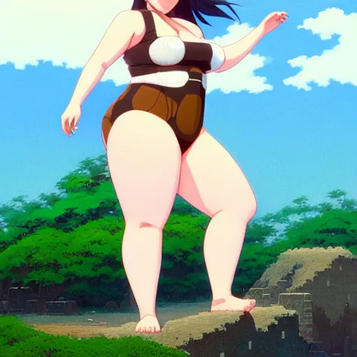 Image similar to a beautiful plus sized model japanese natalie portman, alluring plus sized model with brown skin, wearing mayan leotard with overalls, street fashion hip hop style with mayan patterns, aztec street fashion, gapmoe yandere grimdark, trending on pixiv fanbox, painted by greg rutkowski makoto shinkai takashi takeuchi studio ghibli, akihiko yoshida