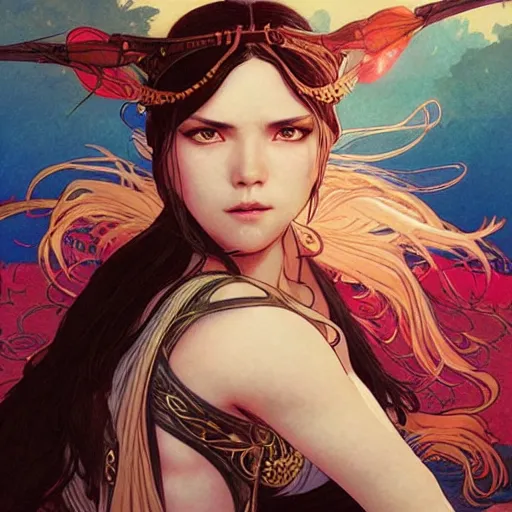 Image similar to breathtaking epic fantasy comic book style portrait of a sensual female fighter in epic fantasy arena,, sunny weather, intricate, matte, sharp focus, illustration, art by Artgerm and Hsiao-Ron Cheng and Alphonse Mucha,, RPG portrait