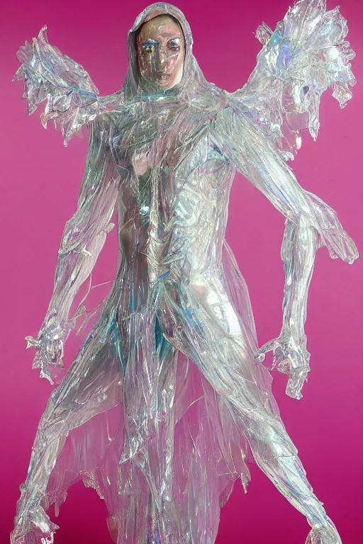 Image similar to full-body rococo and cyberpunk delicate crystalline sculpture of a muscular iridescent (((slender Spanish male))) as a humanoid deity wearing a thin see-through ((plastic hooded cloak)) sim roupa, reclining con (las piernas abiertas), glowing pink face, crown of (((white lasers))), large diamonds, swirling black silk fabric. futuristic elements. oozing glowing liquid, full-length view. space robots. human skulls. throne made of bones, intricate artwork by caravaggio. Trending on artstation, octane render, cinematic lighting from the right, hyper realism, octane render, 8k, depth of field, 3D