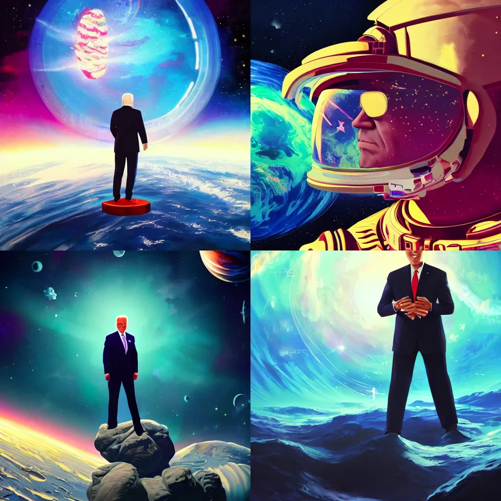 Prompt: beautiful astonishing award winning stylized painting of joe biden floating in the middle of outer space, normal clothes, really cool pose, bright beautiful large planet in the background, bright aesthetic cool cyberpunk lighting, 8 k, trending on artstation