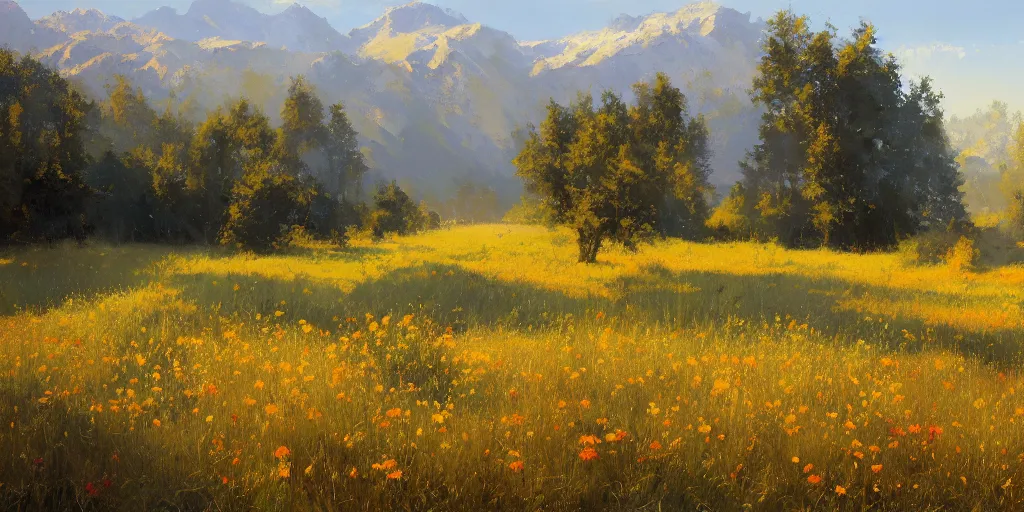 Image similar to a bright oil painting of a beautiful meadow; masterpiece; extremely-detailed; by Craig Mullins