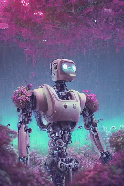 Image similar to a digital painting of a robot with flowers, cyberpunk art by Mike Winkelmann, cgsociety, panfuturism, made of flowers, dystopian art, vaporwave