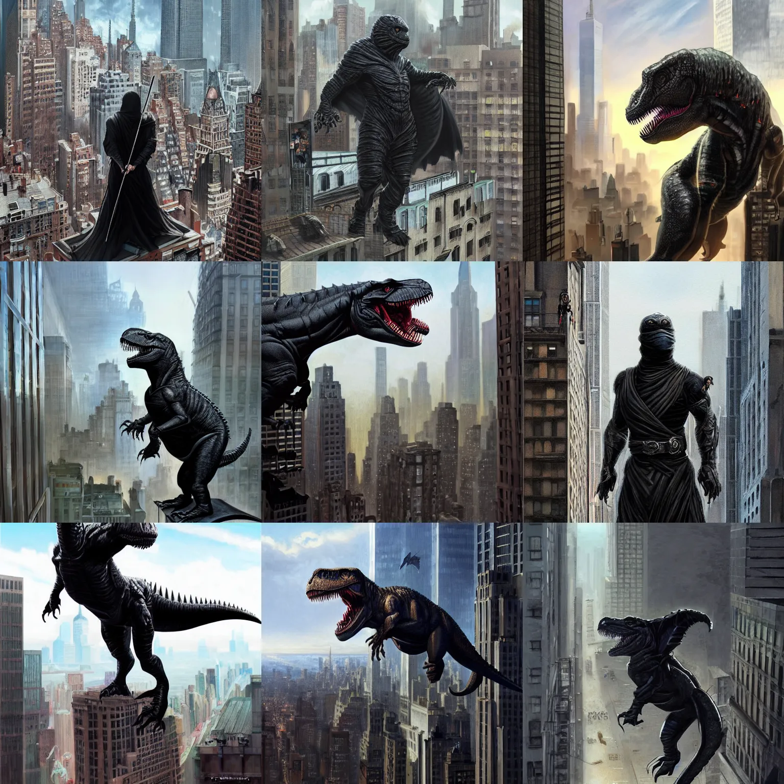 Prompt: T-rex dressed in black ninja cloths is standing on a top of building in New York watching over the city, D&D, fantasy, highly detailed, digital painting, trending on artstation, concept art, sharp focus, illustration, art by artgerm and greg rutkowski and magali villeneuve