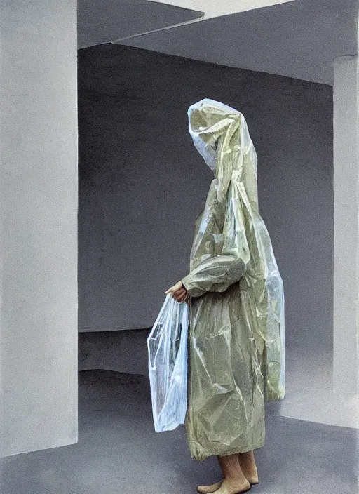 Image similar to woman in a translucent bomber made from plastic bag with paper bags for clothes standing inside paper bags with paper bag over the head at store display Edward Hopper and James Gilleard, Zdzislaw Beksinski, highly detailed