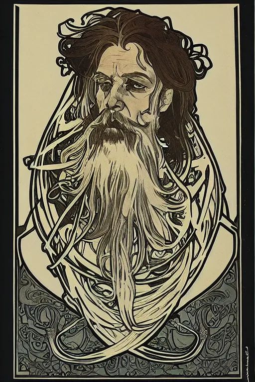 Image similar to bearded skull, illustration art by alphonse mucha