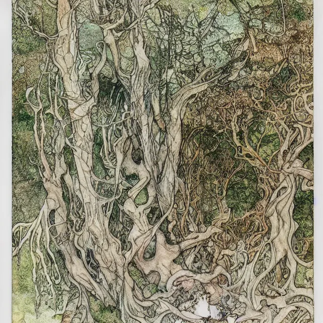 Prompt: a detailed, intricate watercolor and ink portrait illustration with fine lines, of a forest of gnarled trees and mossy ground, by arthur rackham and edmund dulac and ted nutall and mucha