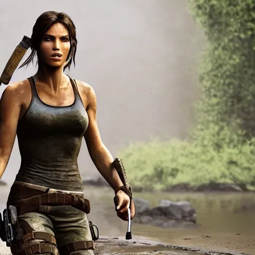 Image similar to film scene lara croft emerges from the river water, her face is covered with mud, part of the body is still in the river, it looks sweaty, hd