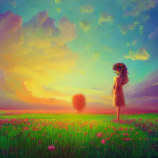 Prompt: woman with big flower face, standing in flower field, surreal photography, sunrise dramatic light, impressionistic painting, colorful clouds, artstation, dali, simon stalenhag