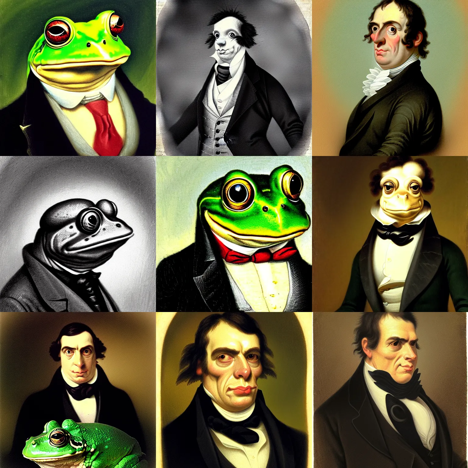 Prompt: a head and shoulders portrait of an anthropomorphic frog!!!!!!!!!!!!!!!!!!!! wearing a suit looking off camera, a character portrait by john trumbull, american romanticism, soft focus