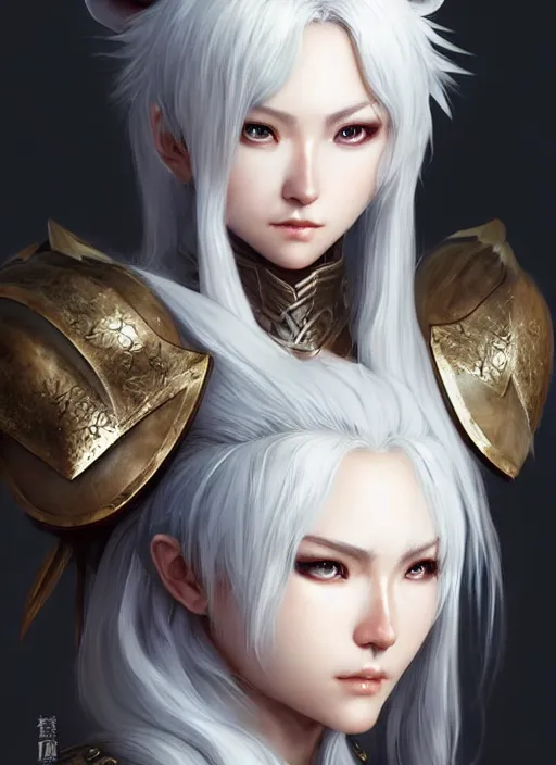 Image similar to warrior, fur - lined armor!!! beautiful and elegant white hair female!! gorgeous ayes!! character concept art, sharp focus, octane render! unreal engine 5! highly rendered!! trending on artstation!! detailed linework!! illustration by artgerm, wlop, and chie yoshii