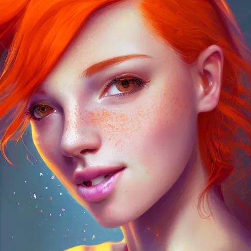 Prompt: close up portrait of a beautiful smiling girl with orange hair and freckles, happy intricate, elegant. highly detailed, digital painting, artstation, concept art, smooth, sharp, focus, illustration. background is purple, art by artgerm and Ross Tran