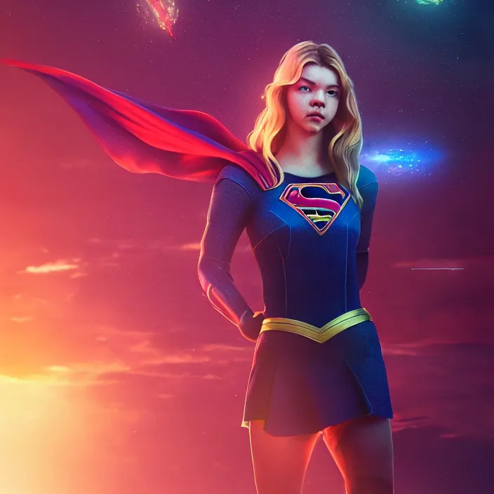 Image similar to anya taylor joy as supergirl. intricate abstract. intricate artwork. by tooth wu, wlop, beeple, dan mumford. octane render, trending on artstation, greg rutkowski very coherent symmetrical artwork. cinematic, hyper realism, high detail, octane render, 8 k, iridescent accents