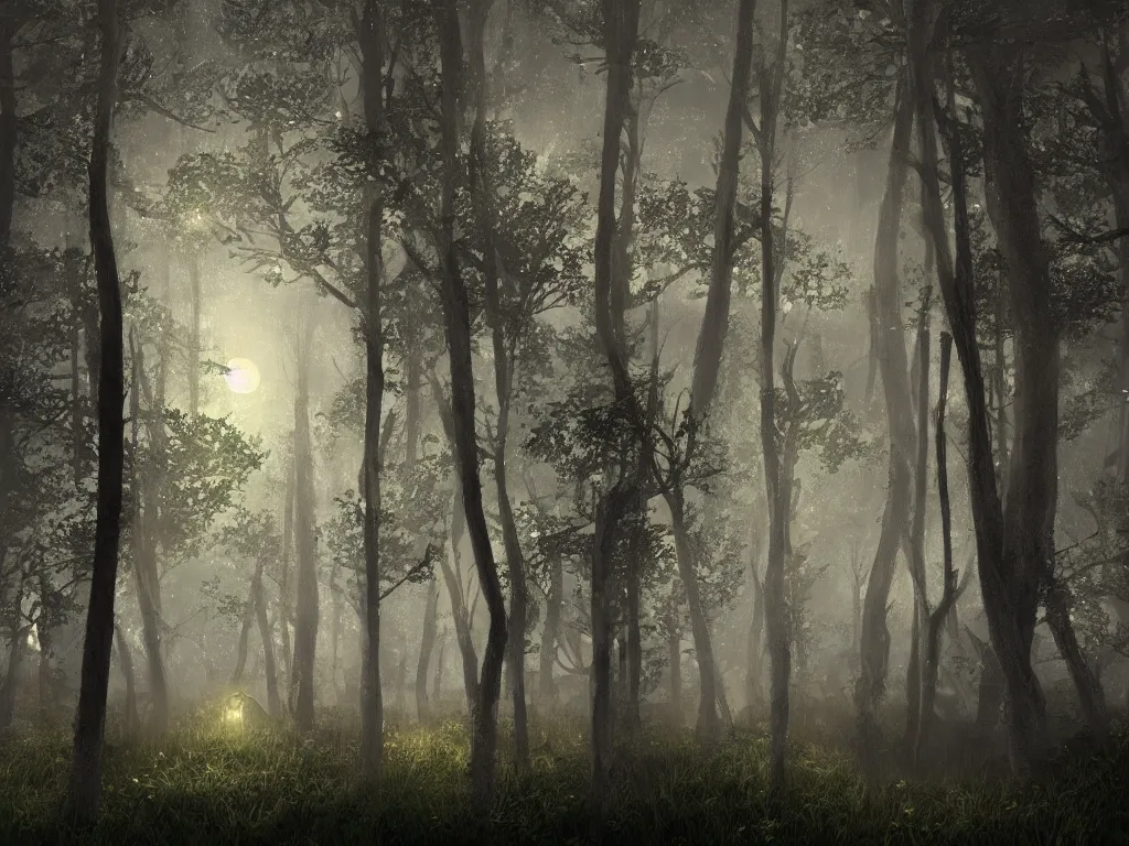 Prompt: neo-gothic bioluminescent woodland details, moonlit nightscape, bioluminescent fireflies, layered fog, moody volumetric lighting, photorealistic digital arts, 8K