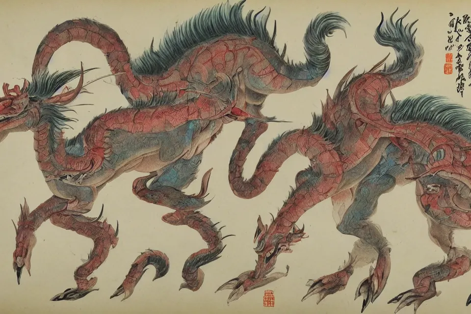 Prompt: Vintage, detailed, colored sketch of mythical creature anatomy, full body, with full descriptions, Chinese painting.