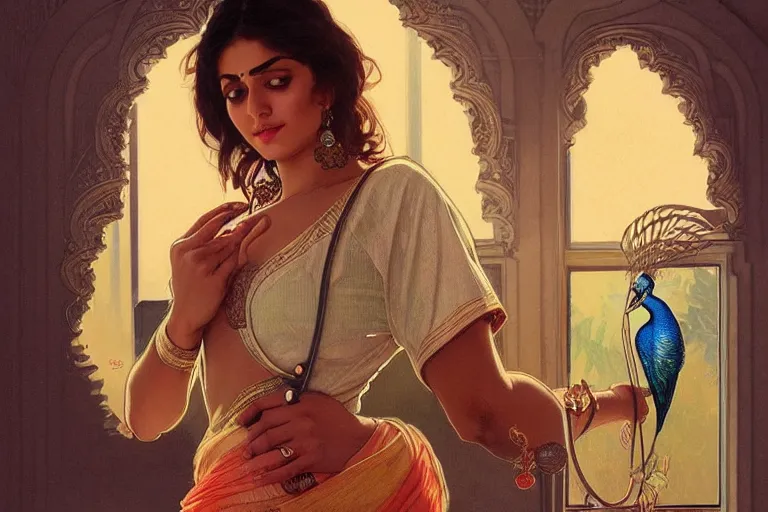 Prompt: sensual pale beautiful indian doctor in jeans with stethoscope and peacock, art deco portrait, elegant, intricate, digital painting, artstation, concept art, smooth, sharp focus, illustration, art by artgerm and greg rutkowski and alphonse mucha