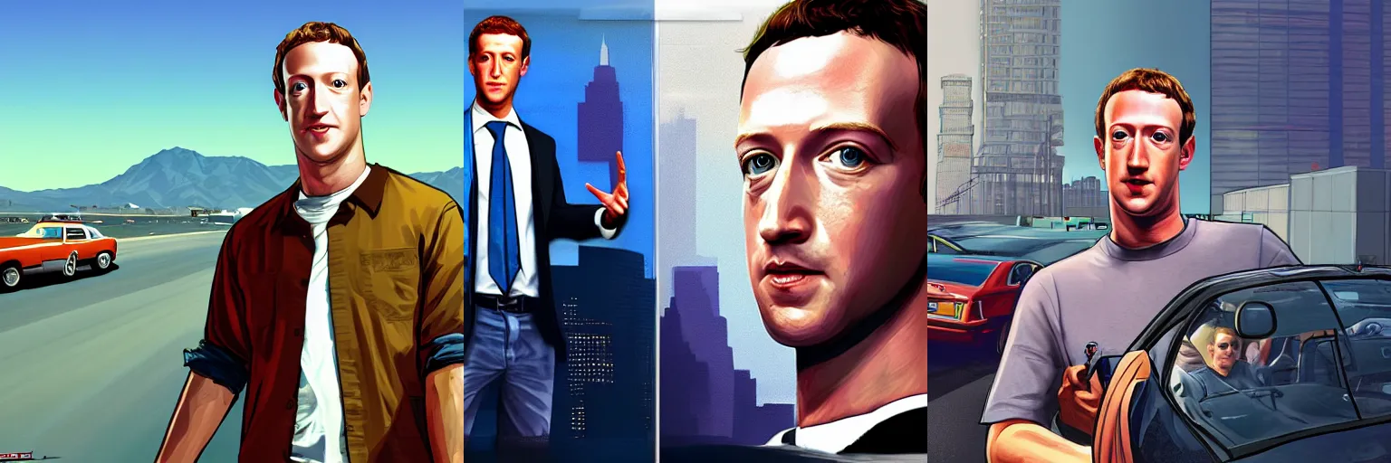 Prompt: Mark Zuckerberg in a GTA V cover concept art. high resolution