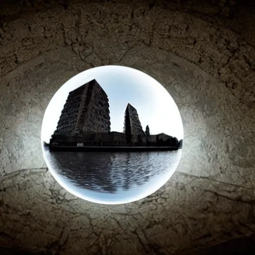 Prompt: a floating crystal ball full of surreal forgotten monuments