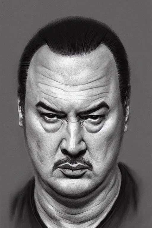 Image similar to sad steven seagal prison mug shot, mug shot, intricate, elegant, highly detailed, digital painting, artstation, concept art, smooth, sharp focus, illustration, art by greg rutkowski, masterpiece, perfect composition, award - winning photography, cgsociety, patriotic!