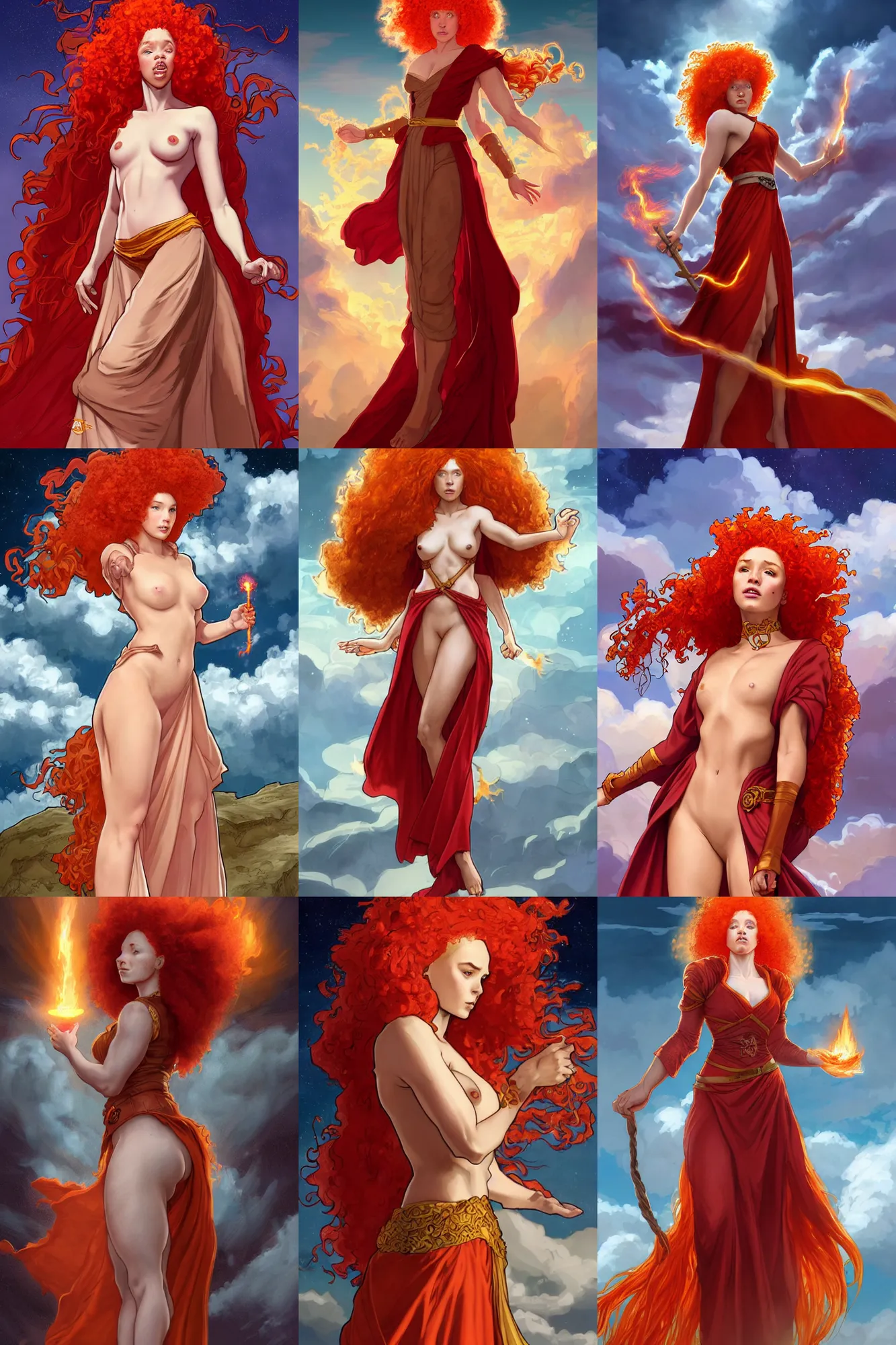 Prompt: a mage casting a fireball, ginger afro with freckles inspired by annie, face like daenerys, wearing long flowing red robes blowing in the wind inspired by alphonse mucha, standing on a mountain top, epic clouds and godlike lighting, intricate illustration and highly detailed digital painting. concept art by artgerm and larry elmore.