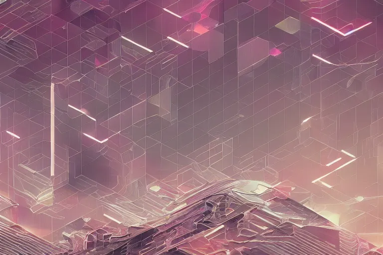 Image similar to soft clean chrome geometric landscape, cyberpunk, cinematic, retrofuturism, sci - fi, hyper realism, vaporwave aesthetic, extremely detailed, intricate, pixel sorting, glitch art, digital art