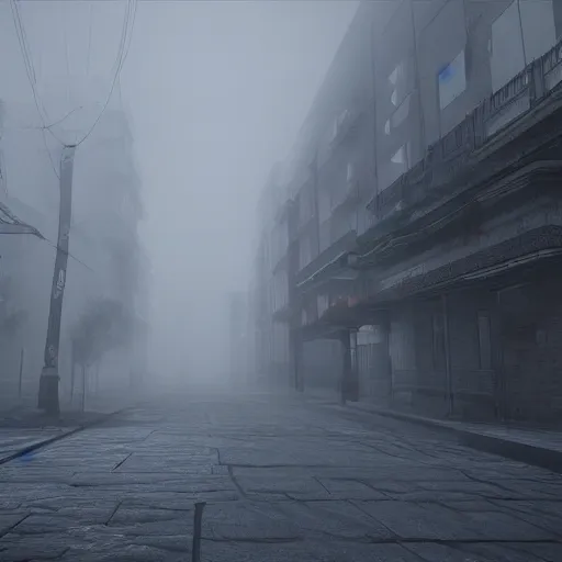 Prompt: silent hill engulfed in fog, concept art, highly detailed, 8k unreal engine