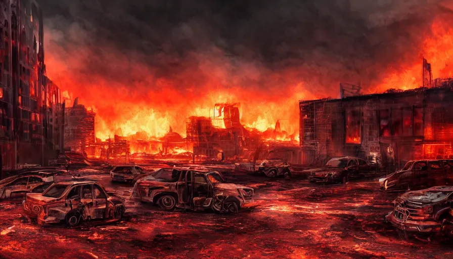 Image similar to A detailed render of a post apocalyptic scene of Fire and explosions at the 3rd precinct in Minneapolis on fire, sci-fi concept art, lots of fire, panic, dark, clouds, 8k, high detail, advanced rendering whimsically designed art, 4k post-processing highly detailed, Soft illumination