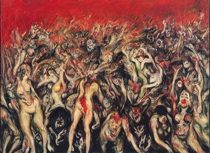 Image similar to mosh pit full of demons and beautiful women in hell ’ s nightclub, sfumato abstract oil on canvas, by rothko, by jackson pollock, by monet