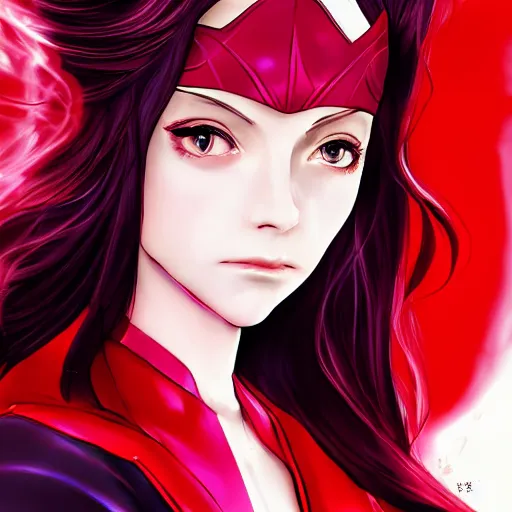 Image similar to Elizabeth as Scarlet Witch portrait, male anime style, illustrated by Avetetsuya Studios, intricate, detailed, photorealistic, trending on artstation, studio lighting, 4k, 8k