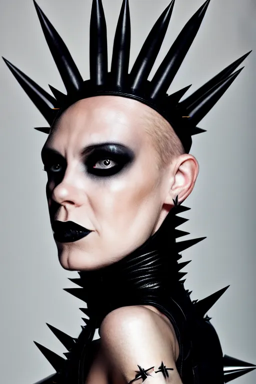 Image similar to a woman in a black leather outfit with spikes on her head, a high fashion character portrait by christen dalsgaard, featured on behance, gothic art, androgynous, genderless, gothic