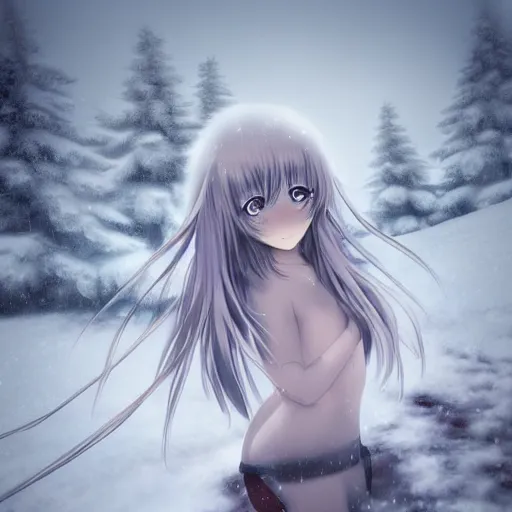 Prompt: an anime girl with white long hair in a snowy tundra, finely detailed, snow, beautiful, foggy,
