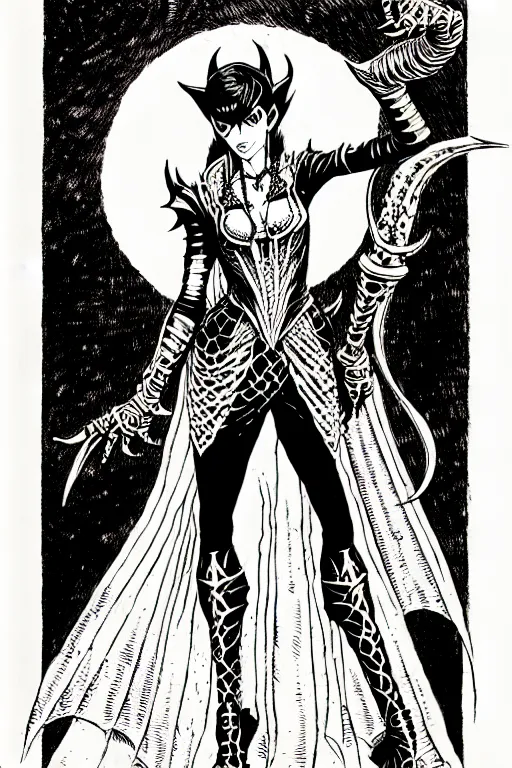 Image similar to bayonetta as a d & d monster, full body, pen - and - ink illustration, etching, by russ nicholson, david a trampier, larry elmore, 1 9 8 1, hq scan, intricate details, stylized border