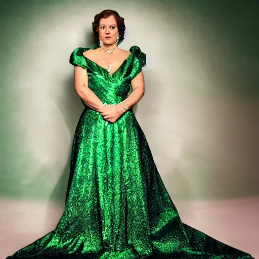 Prompt: A full-body portrait of a beautiful queen wearing an emerald glowing gown, crossed arms, dark room, backlit, symmetrical, highly detailed, high quality render