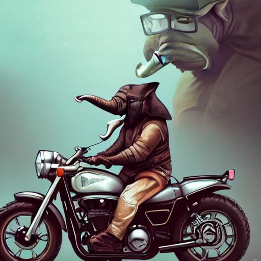 Image similar to elephant yoda riding a motorcycle in the movie born to be wild, stunning digital art, high detail, in the style of artgerm, artstation, cgsociety, dramatic lighting, pixar 3d 8k