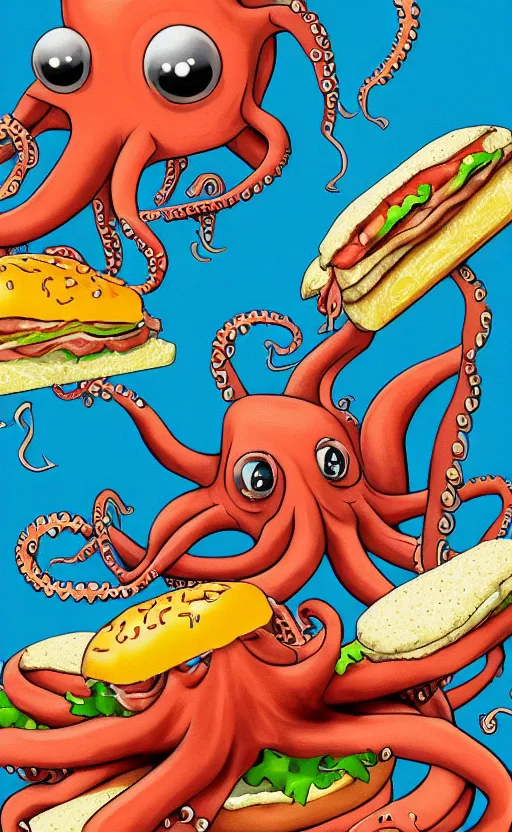 Image similar to highly detailed illustration of octopus attacking a cheeseburger, poster, symmetrical, 8 k, trending on artstation