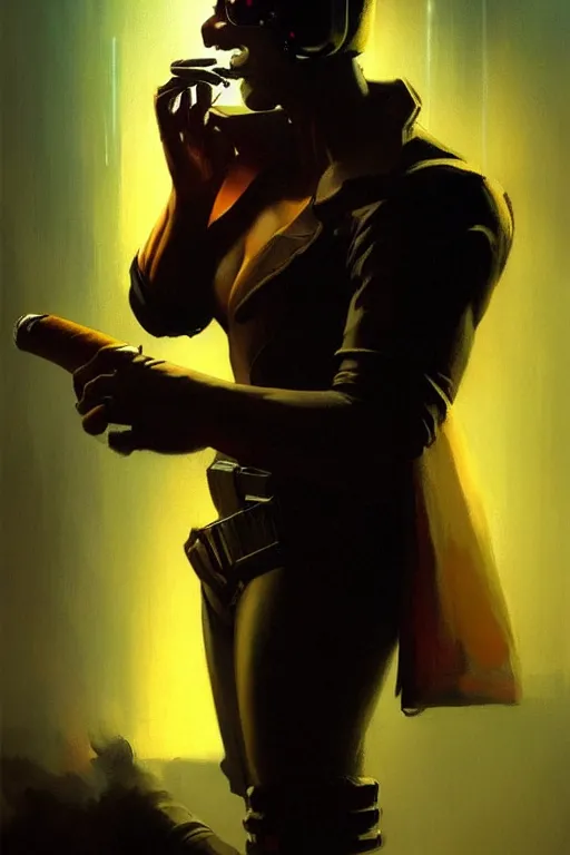 Image similar to An android lighting a single cigar in a cyberpunk setting, by Frank Frazetta, dramatic lighting, high contrast colours, as trending on Artstation, highly detailed,