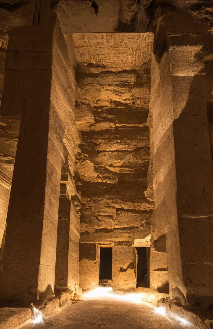 Image similar to punisher symbol is giant arching entrance into ancient egyptian temple with luminous smoke and light rays.