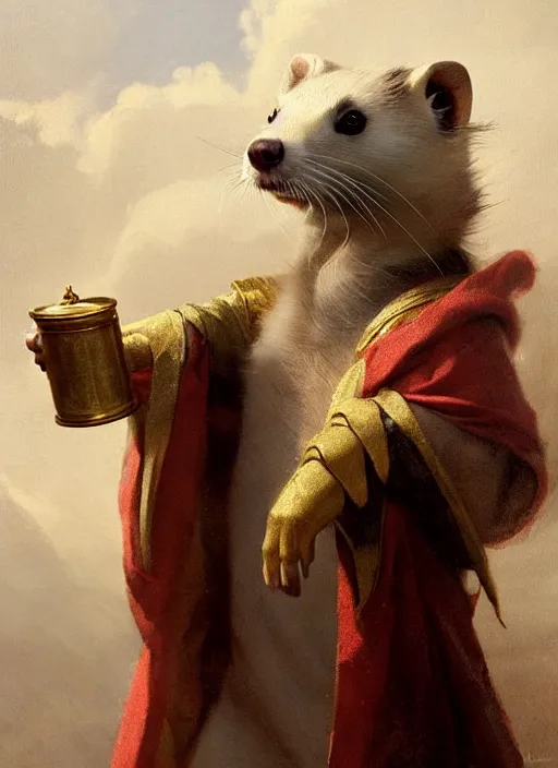 Prompt: a beautiful close - up shot from a fantasy film of an anthropomorphic ferret with golden eyes wearing a loose tunic. joseph ducreux, greg rutkowski.