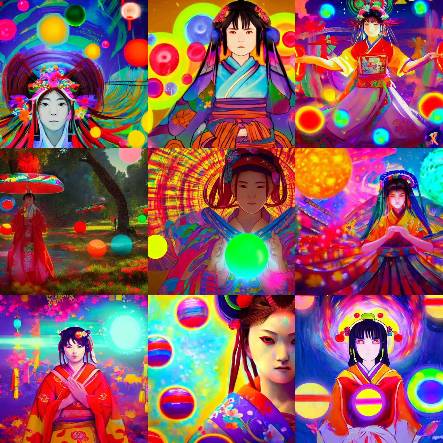 Prompt: alex flores and wlop collaboration, painting of a shrine maiden surrounded by four brightly saturated colorful orbs. 4 k cinematic atmosphere, sharp focus.