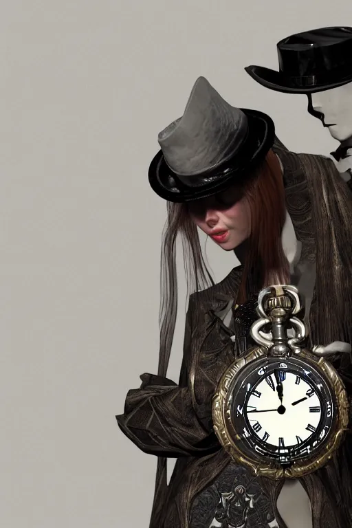 Prompt: a timekeeper with a pocket watch face, silk hat, full body, gothic, intricate, ornate, ultra realistic, unreal engine