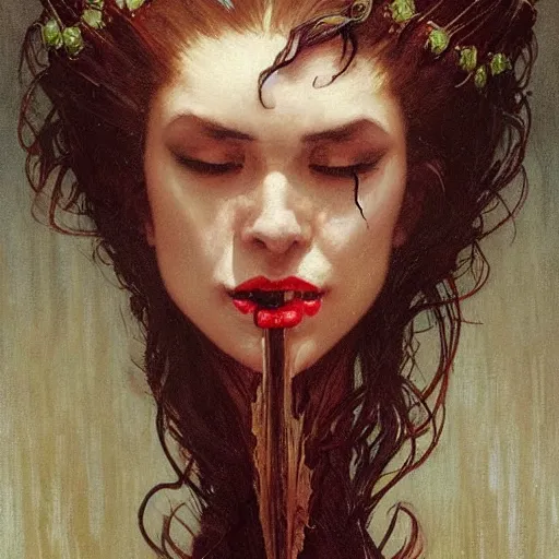Prompt: portrait of a menacing beautiful vampire, face only, closed mouth, eyes half closed, crying tears of blood running down the face by Stanley Artgerm Lau , greg rutkowski, thomas kindkade, alphonse mucha, loish, norman rockwell, J. C. Leyendecker. hair waving in the wind, pale skin, sinister complexion, thorn crown, imagine bordered by thorns. D&D, fantasy. Trending on artstation rule of thirds extremely detailed illustration hd 4k