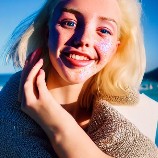 Image similar to beautiful hyperrealism hyperdetailed photograph of a cute thin young woman in love with you, smiling adoringly at the camera, platinum blonde hair, flushed face, blushing, big puffy lips, heart - shaped face, light freckles on cheeks and nose, 8 k, sharp focus, golden hour, beach setting