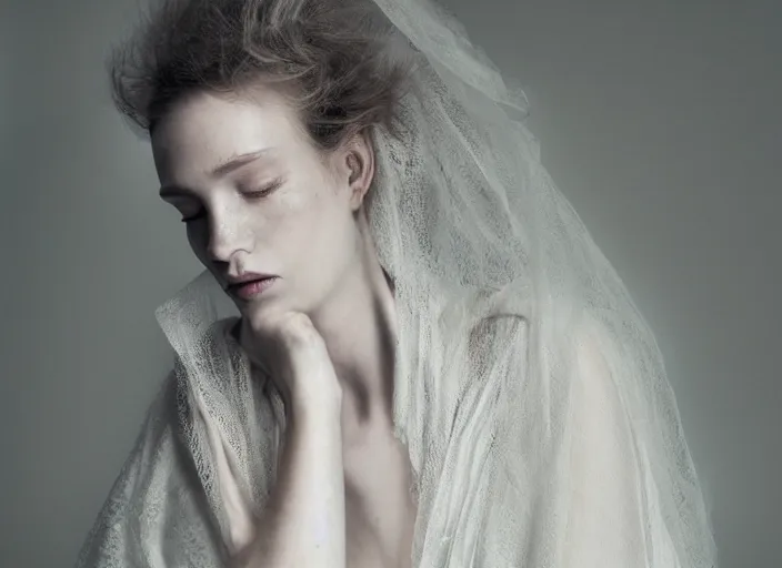 Image similar to nails and needles dig into a stupid head, in style of paolo roversi, britt marling style 3 / 4, a beautiful ethereal lace white robe, 8 k, soft focus, soft light, volumetric lighting, highly detailed realistic, refined, highly detailed, natural outdoor soft pastel lighting colors scheme