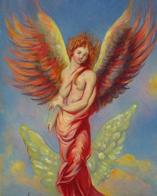 Image similar to a painting of an angel burning it’s wings. In the style of James a Jean.